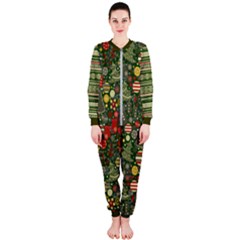 Green & Yellow Xmas Ornaments Onepiece Jumpsuit (ladies) by PattyVilleDesigns