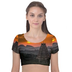 Beautiful Village Of Hampi Velvet Short Sleeve Crop Top 