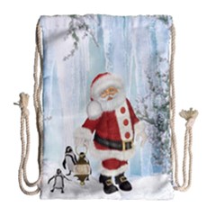 Santa Claus With Funny Penguin Drawstring Bag (large) by FantasyWorld7