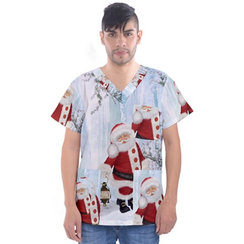 Santa Claus With Funny Penguin Men s V-neck Scrub Top by FantasyWorld7