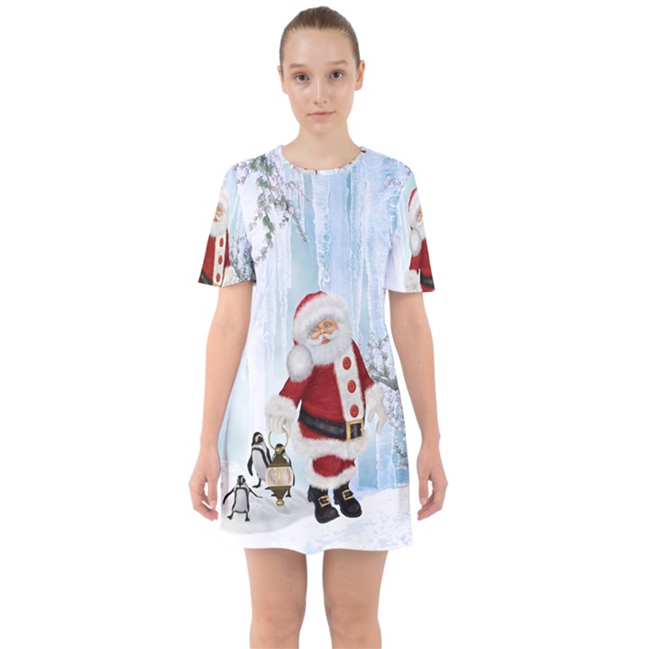 Santa Claus With Funny Penguin Sixties Short Sleeve Mini Dress