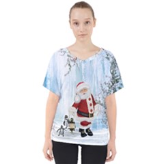 Santa Claus With Funny Penguin V-neck Dolman Drape Top by FantasyWorld7