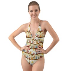 Autumn Owls Pattern Halter Cut-out One Piece Swimsuit