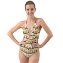 Autumn Owls Pattern Halter Cut-Out One Piece Swimsuit View1