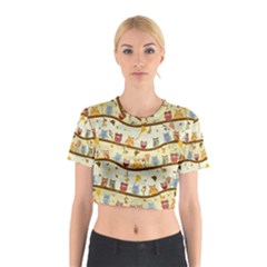 Autumn Owls Pattern Cotton Crop Top by Celenk