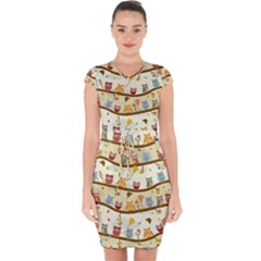 Autumn Owls Pattern Capsleeve Drawstring Dress 