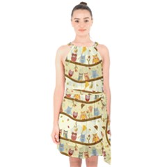 Autumn Owls Pattern Halter Collar Waist Tie Chiffon Dress by Celenk