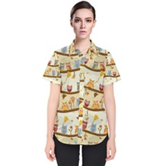 Autumn Owls Pattern Women s Short Sleeve Shirt