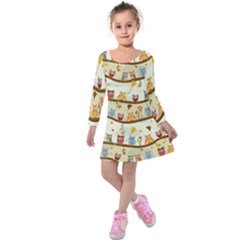 Autumn Owls Pattern Kids  Long Sleeve Velvet Dress by Celenk