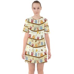 Autumn Owls Pattern Sixties Short Sleeve Mini Dress