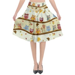 Autumn Owls Pattern Flared Midi Skirt