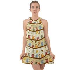 Autumn Owls Pattern Halter Tie Back Chiffon Dress by Celenk