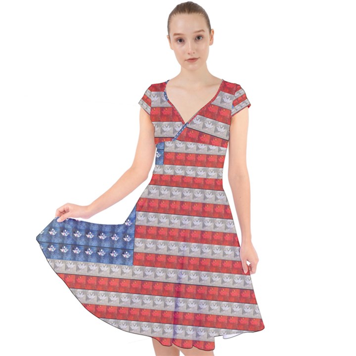 Geometricus Usa Flag Cap Sleeve Front Wrap Midi Dress