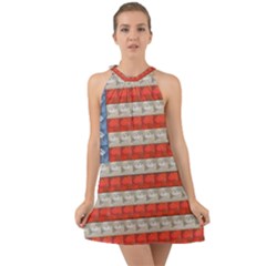 Geometricus Usa Flag Halter Tie Back Chiffon Dress by Celenk