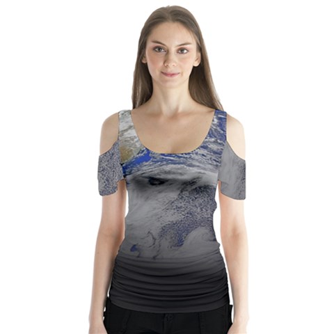 A Sky View Of Earth Butterfly Sleeve Cutout Tee  by Celenk