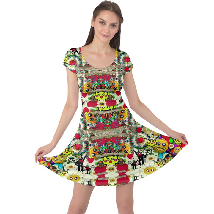 Chicken Monkeys Smile In The Floral Nature Looking Hot Cap Sleeve Dress