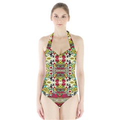 Chicken Monkeys Smile In The Floral Nature Looking Hot Halter Swimsuit by pepitasart