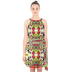 Chicken Monkeys Smile In The Floral Nature Looking Hot Halter Collar Waist Tie Chiffon Dress by pepitasart