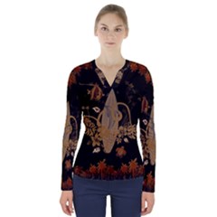 Hawaiian, Tropical Design With Surfboard V-neck Long Sleeve Top