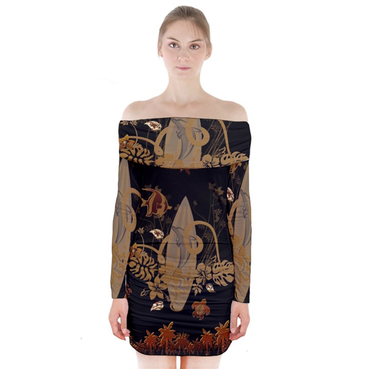 Hawaiian, Tropical Design With Surfboard Long Sleeve Off Shoulder Dress