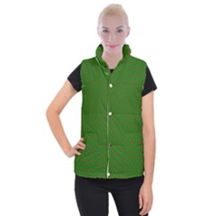 Red Stars On Christmas Green Background Women s Button Up Puffer Vest by PodArtist