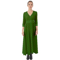 Red Stars On Christmas Green Background Button Up Boho Maxi Dress