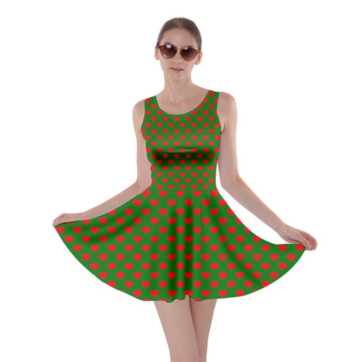 Large Red Christmas Hearts on Green Skater Dress