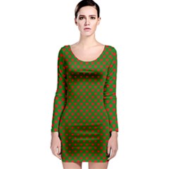 Large Red Christmas Hearts On Green Long Sleeve Bodycon Dress by PodArtist