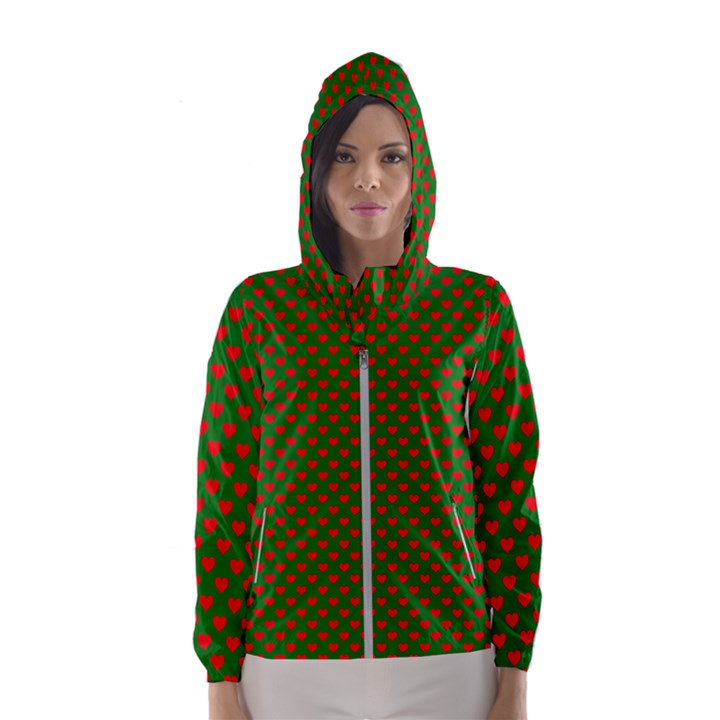 Large Red Christmas Hearts on Green Hooded Wind Breaker (Women)