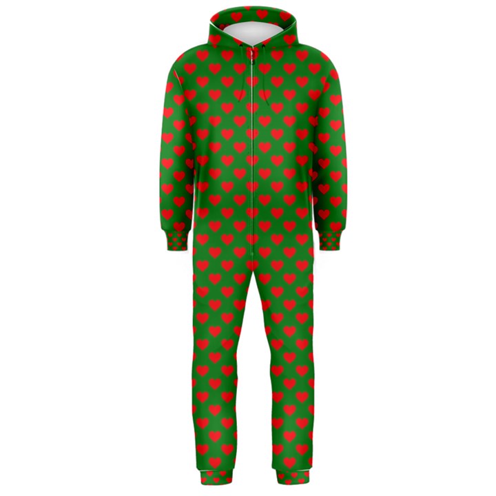 Large Red Christmas Hearts on Green Hooded Jumpsuit (Men) 