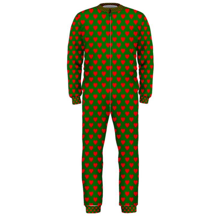 Large Red Christmas Hearts on Green OnePiece Jumpsuit (Men) 