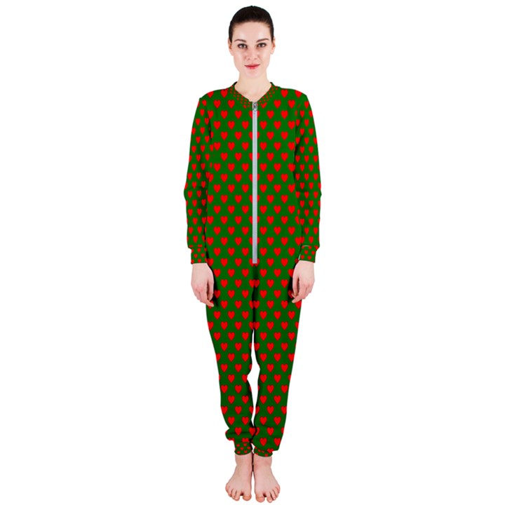 Large Red Christmas Hearts on Green OnePiece Jumpsuit (Ladies) 