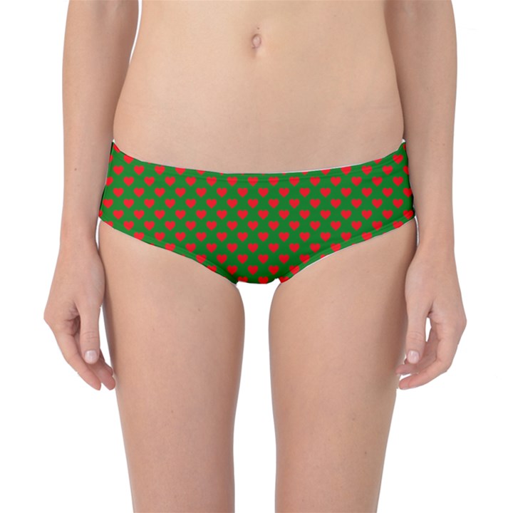 Large Red Christmas Hearts on Green Classic Bikini Bottoms