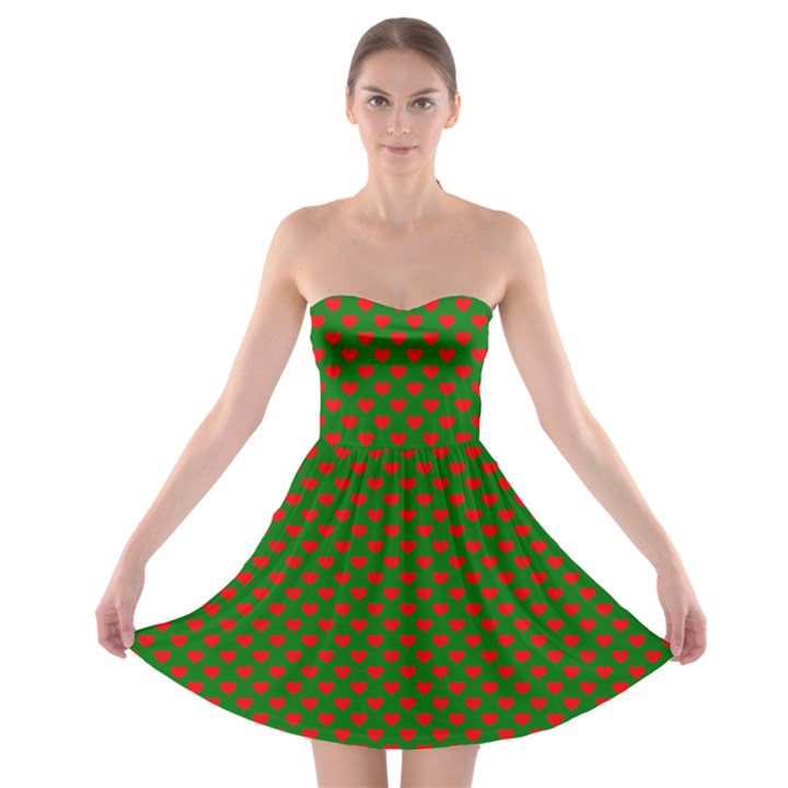 Large Red Christmas Hearts on Green Strapless Bra Top Dress