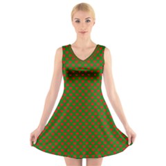 Large Red Christmas Hearts On Green V-neck Sleeveless Skater Dress by PodArtist