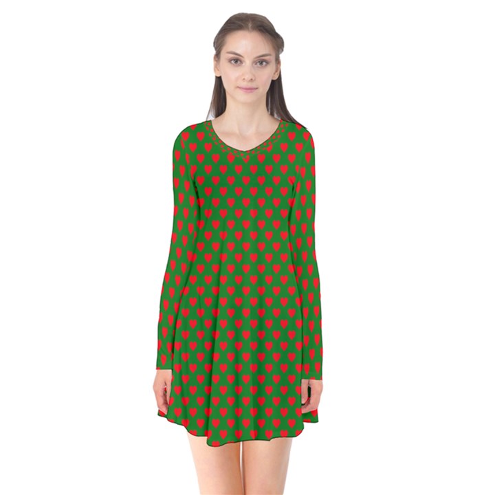 Large Red Christmas Hearts on Green Flare Dress