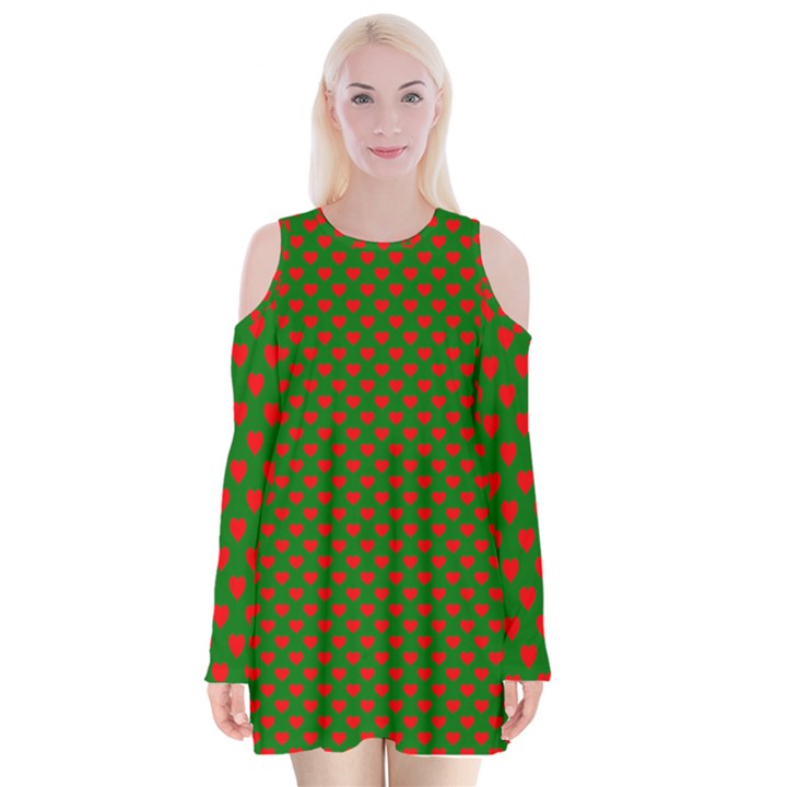 Large Red Christmas Hearts on Green Velvet Long Sleeve Shoulder Cutout Dress