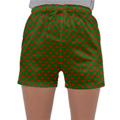 Large Red Christmas Hearts On Green Sleepwear Shorts by PodArtist