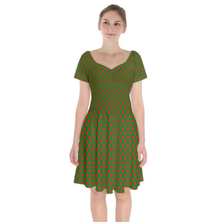 Large Red Christmas Hearts on Green Short Sleeve Bardot Dress