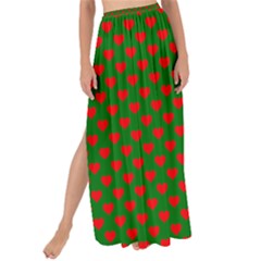 Large Red Christmas Hearts On Green Maxi Chiffon Tie-up Sarong by PodArtist