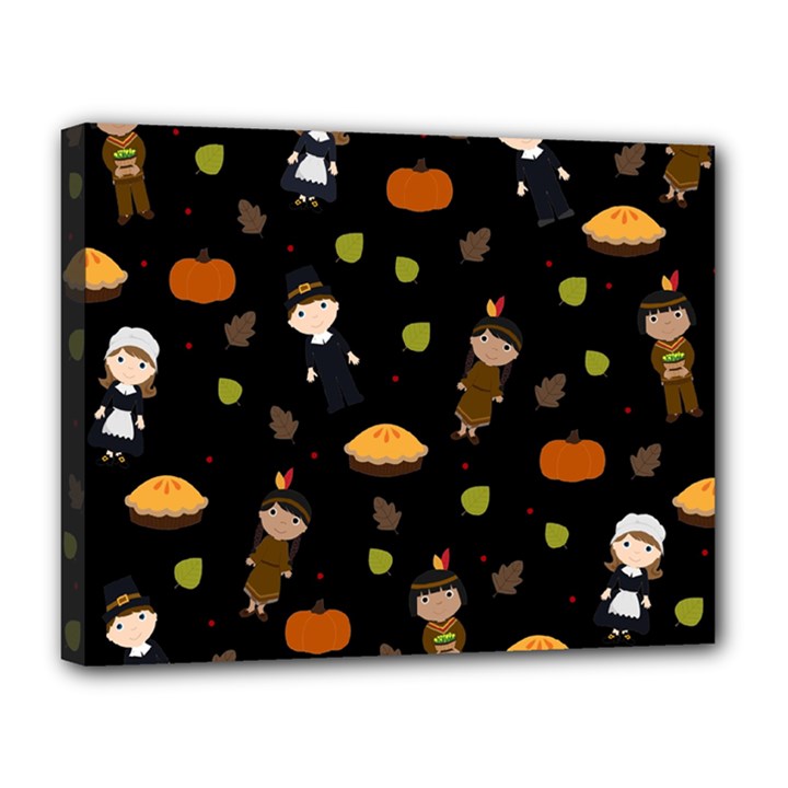 Pilgrims and Indians pattern - Thanksgiving Canvas 14  x 11 