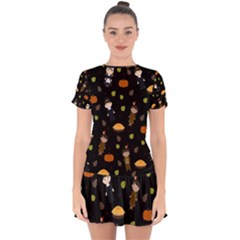 Pilgrims And Indians Pattern - Thanksgiving Drop Hem Mini Chiffon Dress