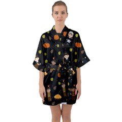 Pilgrims And Indians Pattern - Thanksgiving Quarter Sleeve Kimono Robe by Valentinaart