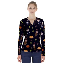 Pilgrims And Indians Pattern - Thanksgiving V-neck Long Sleeve Top by Valentinaart