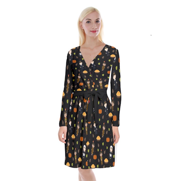 Pilgrims and Indians pattern - Thanksgiving Long Sleeve Velvet Front Wrap Dress