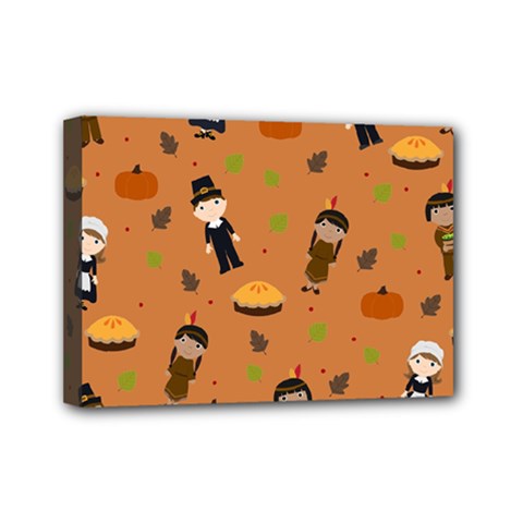 Pilgrims And Indians Pattern - Thanksgiving Mini Canvas 7  X 5  by Valentinaart