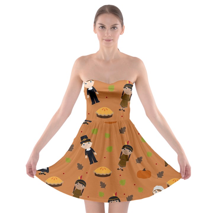 Pilgrims and Indians pattern - Thanksgiving Strapless Bra Top Dress