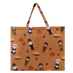 Pilgrims And Indians Pattern - Thanksgiving Zipper Large Tote Bag by Valentinaart