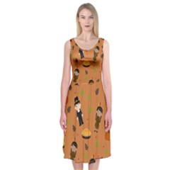 Pilgrims And Indians Pattern - Thanksgiving Midi Sleeveless Dress by Valentinaart