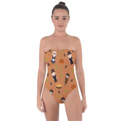 Pilgrims And Indians Pattern - Thanksgiving Tie Back One Piece Swimsuit by Valentinaart